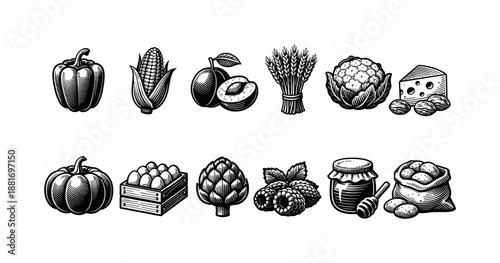 Black and white vintage engraved food set featuring vegetables, fruits, grains, dairy and sweeteners, including pepper, corn, plum, wheat and cheese