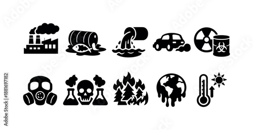 Black pollution and environmental hazard icons set with factory smoke, oil spill, wastewater, car emissions, radiation, toxic symbols, fire, globe, thermometer