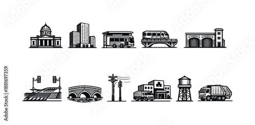 Black and white icon set of urban infrastructure with buildings, public transit, bridges, road crossings, utility poles, water towers and trucks