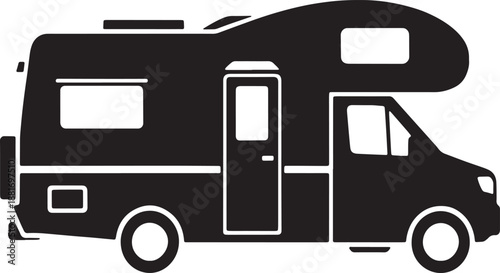 Black silhouette of a recreational vehicle camper van with windows and spare tire