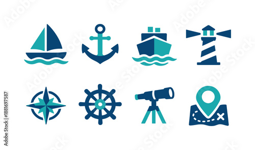 Set of nautical navigation icons including sailboat, anchor, ship, lighthouse, compass, ship wheel, telescope, and map marker in blue tones