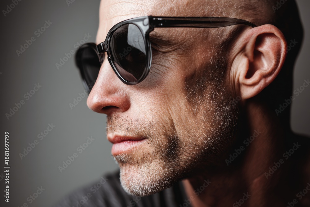 Obraz premium tender caucasian man in his 40s wearing a trendy sunglasses on blank studio backdrop