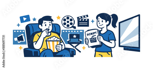 Cartoon couple watching movies on a living room screen with popcorn, script, clapperboard, film reel, and media streaming icons