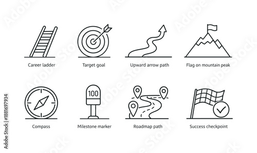 Minimal line icon set illustrating career growth and success planning with ladder, target, upward path, mountain flag, compass, milestones, roadmap, checkpoint
