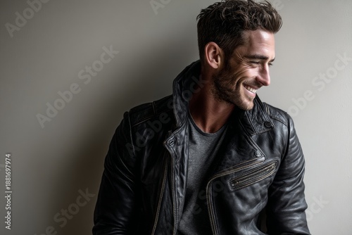 smiling man in his 30s sporting a classic leather jacket over light wood minimalistic setup