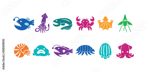 Colorful set of marine creature icons including fish, squid, whale, crab, stingray, shrimp, turtle, jellyfish, and octopus silhouettes