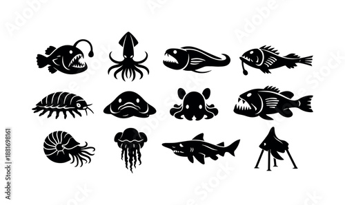 Black silhouette icons of deep-sea creatures including anglerfish, squid, eel, nautilus, jellyfish, shark, octopus, and tripod fish set