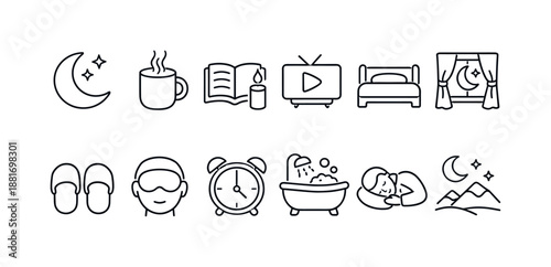 Minimal line icons illustrating bedtime routine and sleep relaxation activities, including moon, coffee, reading, television, bed, bath, and dreaming