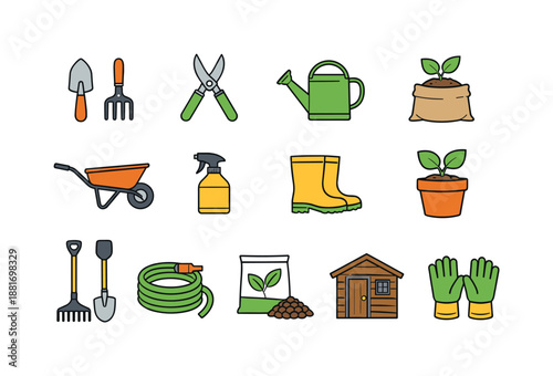 Illustrated set of gardening tools and supplies including shovel, fork, pruners, watering can, hose, gloves, wheelbarrow, boots, shed, plants