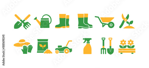 Colorful flat gardening icons set featuring hand tools, watering can, boots, wheelbarrow, seeds, sprayer, lawn mower, and flowers