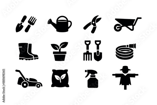 Black gardening icon set featuring tools, watering can, pruners, wheelbarrow, boots, seedlings, hose, lawnmower, spray bottle, scarecrow