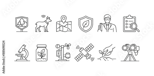 Minimal line icons illustrating environmental research and conservation tools, including microscope, satellite, map pin, planting, wildlife, and surveys