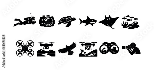 Black silhouette icon set of underwater diver, camera, sea turtle, shark, manta ray, coral reef, drones, seabird, binoculars, and photographer