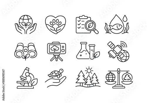 Minimal line icons set illustrating environmental conservation, wildlife care, research, monitoring, laboratory testing, and sustainability symbols