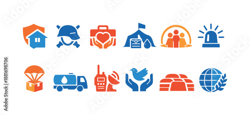 Set of disaster relief and emergency response icons showing shelter, medical aid, supplies, communication, rescue, protection, and humanitarian support