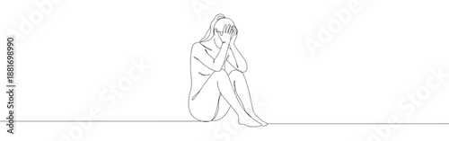One continuous line drawing of a woman sitting and covering her face with hands in despair. Minimalist style