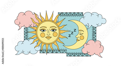 Celestial personification shows a golden sun and a crescent moon sleeping together amongst soft pink and blue clouds in the sky.