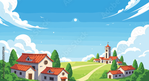 Picturesque village landscape features red-roofed houses nestled on green rolling hills under a bright blue sky with fluffy clouds.
