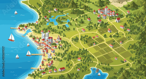 Aerial view of a coastal town shows red-roofed buildings, a harbor with sailboats, and green farmland along the bright blue sea.