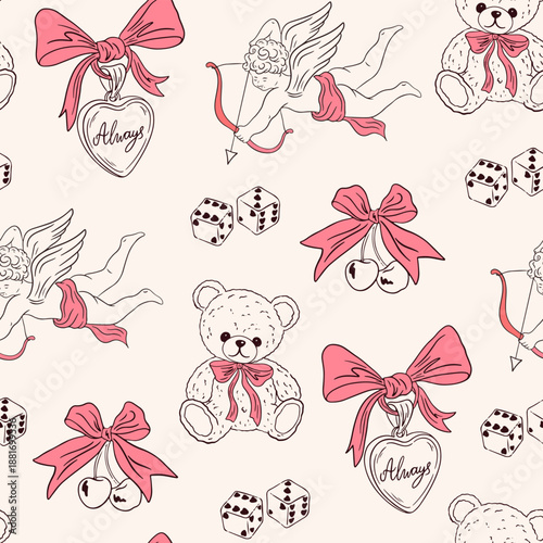 Hand drawn coquette Valentine seamless pattern. Vintage background with cupid, bow, cherry, locket and bear. Vector romantic wallpaper for wedding invitation, valentine day, textile