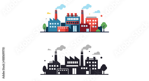 Comparison between a colorful industrial factory with smoking chimneys and its dark silhouette counterpart shows various perspectives of manufacturing.