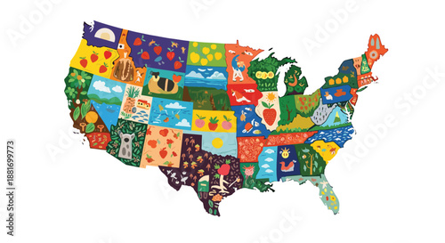 Decorative and educational map of the United States features colorful illustrations of local landmarks, nature, and culture within each state boundary.