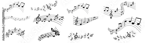 Music notes wave. collection. Elegant swirling compositions for music posters. Vector