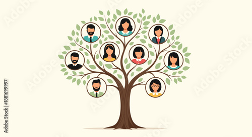 Family tree design features a large oak with green leaves and circular portrait icons of different family members connected by the branches.