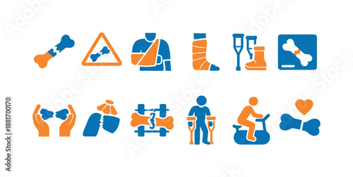 Orthopedic injury and fracture care icon set showing broken bone, warning sign, sling, casted leg, crutches, boot, medical support and rehabilitation symbols