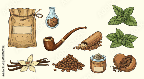 Set of detailed hand drawn icons related to coffee and tobacco includes a pipe, coffee beans, a burlap sack, and a vanilla orchid flower.
