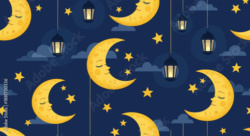 Peaceful seamless pattern shows sleeping crescent moons with faces floating among stars, clouds, and hanging lanterns in the night sky.