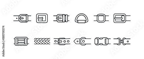 Minimal line art set of seatbelt buckle and latch icons, showing different clasp mechanisms and safety restraint connectors in black outline