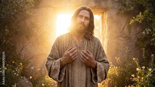 Jesus Christ is risen from tomb, illuminated by radiant golden light, embodying resurrection and new life, for Easter celebration.