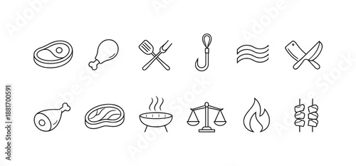 Minimal line icon set of meat cuts and barbecue cooking symbols including steak, chicken legs, ham, grill, skewers, hook, smoke, and knife