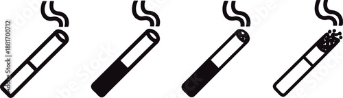 Four smoking cigarettes with different levels of burning and smoke  isolated on transparent background