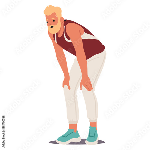 Tired sportive mature man runner character feeling heavy breathing after jogging training routine