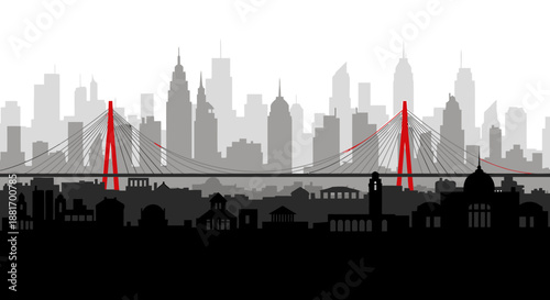 Modern Cityscape Silhouette with Prominent Red Bridges.