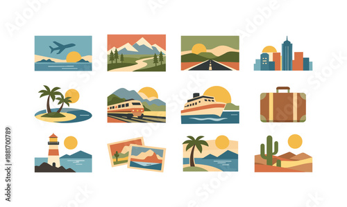 Colorful flat travel icons set featuring airplane over ocean, mountains, road trip, city skyline, island beach, train, cruise ship, suitcase and landmarks