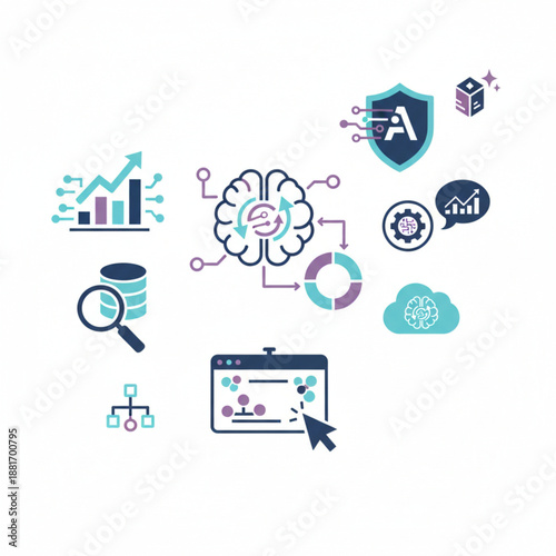 Collection of digital technology and artificial intelligence icons depicting data analysis, machine learning, and cloud computing concepts for a modern business presentation