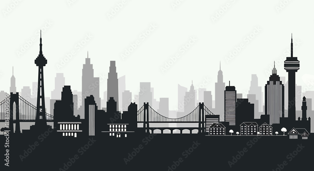 Naklejka premium Monochrome Skyline Silhouette with Skyscrapers and Bridges.