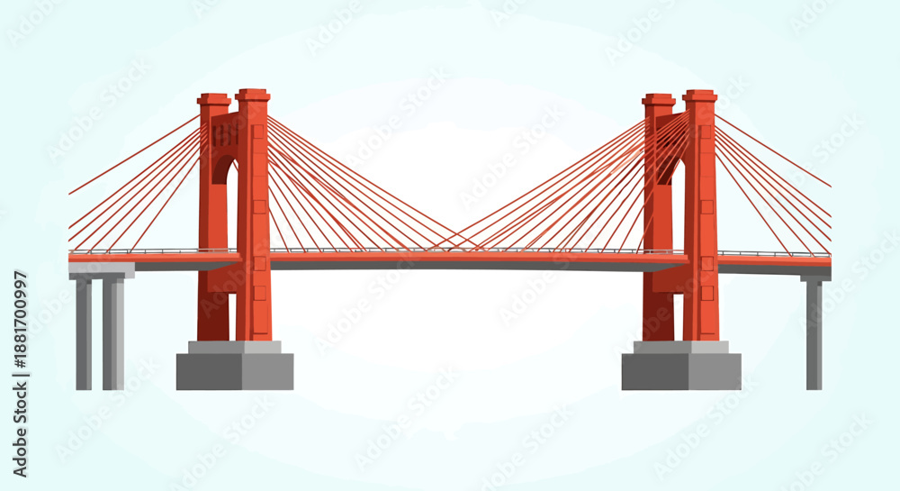Fototapeta premium Red Cable-Stayed Bridge with Two Towers and Suspension Cables.