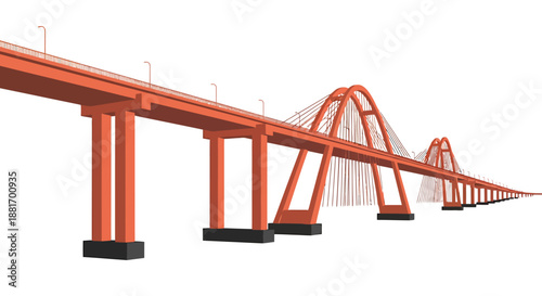 Orange bridge spans across the water with supporting pillars and cables.