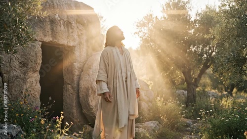 Jesus Christ is risen from tomb, illuminated by radiant golden light, embodying resurrection and new life, for Easter celebration.