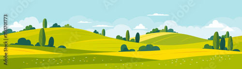 Panoramic landscape of beautiful fields, blooming meadows, and hills. Summer panoramic view of green fields and meadows. Vector illustration of summer nature.