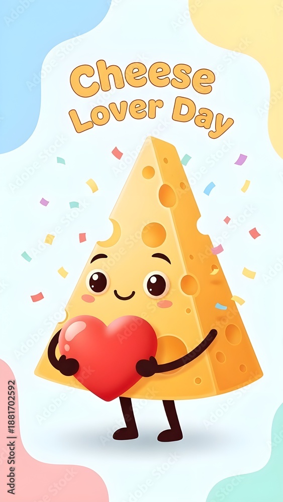 Naklejka premium Celebrate Cheese Lover Day with a Cute Cheese Slice Holding a Heart, surrounded by colorful confetti, perfect for festive greetings and culinary promotions
