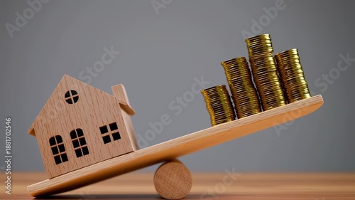 A wooden house and stacks of gold coins on a seesaw, suggesting a financial imbalance regarding housing costs