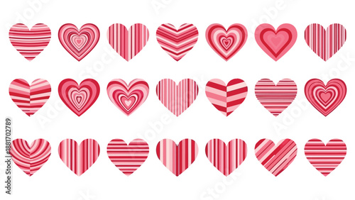 An assortment of gently patterned pink hearts arranged in rows showcasing unique stripe and swirl designs