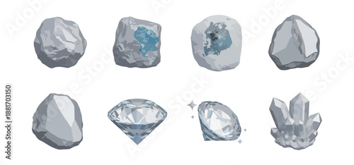 Various mineral stones and crystals illustrations on dark background