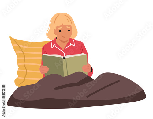 Happy young woman cartoon character reading favorite story before bedtime vector illustration