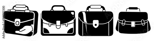 Four black and white silhouettes of leather motorcycle saddlebags with buckles